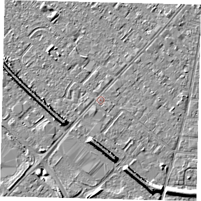 Shaded relief map of the ground around HU92EU, computed from Environment Agency LiDAR. The ground here sits at about 3 m above sea level and falls 8 m across the surrounding 800 m. Surface water reaching this point runs off ground lying to the east-south-east, 0.5 m higher.
