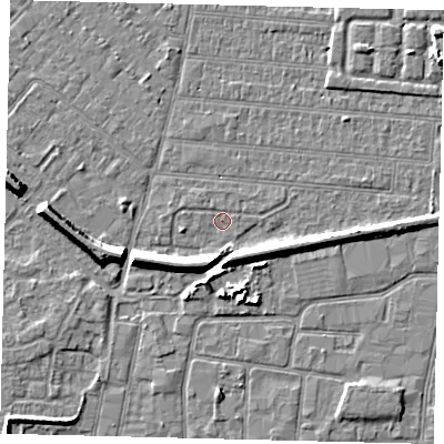 Shaded relief map of the ground around HU92EW, computed from Environment Agency LiDAR. The ground here sits at about 2 m above sea level and falls 7 m across the surrounding 800 m. Surface water reaching this point runs off ground lying to the south-west, 5.7 m higher.