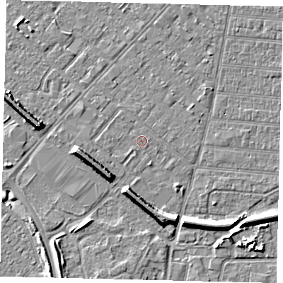 Shaded relief map of the ground around HU92EX, computed from Environment Agency LiDAR. The ground here sits at about 3 m above sea level and falls 8 m across the surrounding 800 m. Surface water reaching this point runs off ground lying to the west, 0.6 m higher.