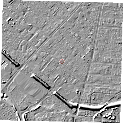 Shaded relief map of the ground around HU92EY, computed from Environment Agency LiDAR. The ground here sits at about 3 m above sea level and falls 8 m across the surrounding 800 m. The ground contributing surface water to this point lies to the west-north-west.