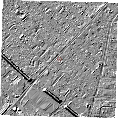 Shaded relief map of the ground around HU92HX, computed from Environment Agency LiDAR. The ground here sits at about 3 m above sea level and falls 7 m across the surrounding 800 m. The ground contributing surface water to this point lies to the south-south-east.