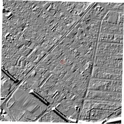 Shaded relief map of the ground around HU92JB, computed from Environment Agency LiDAR. The ground here sits at about 2 m above sea level and falls 8 m across the surrounding 800 m. Surface water reaching this point runs off ground lying to the east-south-east, 0.8 m higher.