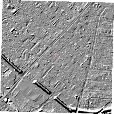 Shaded relief map of the ground around HU92JF, computed from Environment Agency LiDAR. The ground here sits at about 2 m above sea level and falls 8 m across the surrounding 800 m. Surface water reaching this point runs off ground lying to the east-south-east, 0.8 m higher.