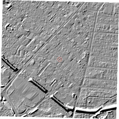 Shaded relief map of the ground around HU92JG, computed from Environment Agency LiDAR. The ground here sits at about 2 m above sea level and falls 8 m across the surrounding 800 m. Surface water reaching this point runs off ground lying to the east-south-east, 0.8 m higher.