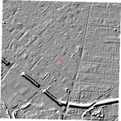 Shaded relief map of the ground around HU92JH, computed from Environment Agency LiDAR. The ground here sits at about 2 m above sea level and falls 7 m across the surrounding 800 m. Surface water reaching this point runs off ground lying to the east, 0.8 m higher.