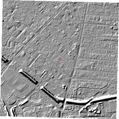 Shaded relief map of the ground around HU92JJ, computed from Environment Agency LiDAR. The ground here sits at about 2 m above sea level and falls 7 m across the surrounding 800 m. Surface water reaching this point runs off ground lying to the south-south-east, 0.7 m higher.