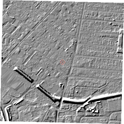 Shaded relief map of the ground around HU92JL, computed from Environment Agency LiDAR. The ground here sits at about 2 m above sea level and falls 7 m across the surrounding 800 m. Surface water reaching this point runs off ground lying to the west-south-west, 0.6 m higher.