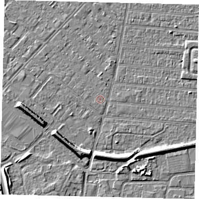 Shaded relief map of the ground around HU92JN, computed from Environment Agency LiDAR. The ground here sits at about 2 m above sea level and falls 7 m across the surrounding 800 m. The ground contributing surface water to this point lies to the west-south-west.