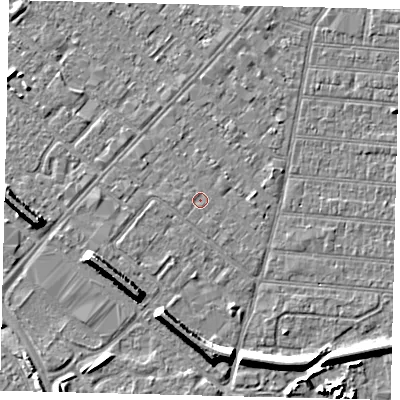 Shaded relief map of the ground around HU92JQ, computed from Environment Agency LiDAR. The ground here sits at about 2 m above sea level and falls 7 m across the surrounding 800 m. Surface water reaching this point runs off ground lying to the east, 0.8 m higher.
