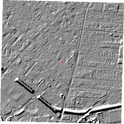 Shaded relief map of the ground around HU92JR, computed from Environment Agency LiDAR. The ground here sits at about 2 m above sea level and falls 7 m across the surrounding 800 m. Surface water reaching this point runs off ground lying to the south, 0.7 m higher.