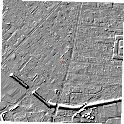 Shaded relief map of the ground around HU92JW, computed from Environment Agency LiDAR. The ground here sits at about 2 m above sea level and falls 7 m across the surrounding 800 m. Surface water reaching this point runs off ground lying to the east-north-east, 0.5 m higher.