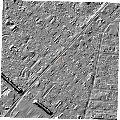 Shaded relief map of the ground around HU92JX, computed from Environment Agency LiDAR. The ground here sits at about 2 m above sea level and falls 7 m across the surrounding 800 m. Surface water reaching this point runs off ground lying to the east-south-east, 0.9 m higher.