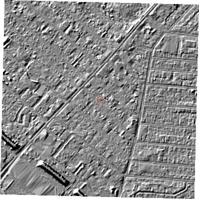 Shaded relief map of the ground around HU92LA, computed from Environment Agency LiDAR. The ground here sits at about 2 m above sea level and falls 7 m across the surrounding 800 m. Surface water reaching this point runs off ground lying to the east-south-east, 0.9 m higher.