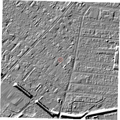 Shaded relief map of the ground around HU92LB, computed from Environment Agency LiDAR. The ground here sits at about 2 m above sea level and falls 7 m across the surrounding 800 m. Surface water reaching this point runs off ground lying to the east, 0.9 m higher.