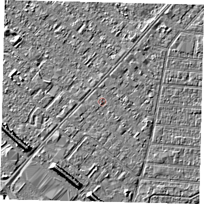 Shaded relief map of the ground around HU92LD, computed from Environment Agency LiDAR. The ground here sits at about 2 m above sea level and falls 7 m across the surrounding 800 m. Surface water reaching this point runs off ground lying to the east-south-east, 0.9 m higher.
