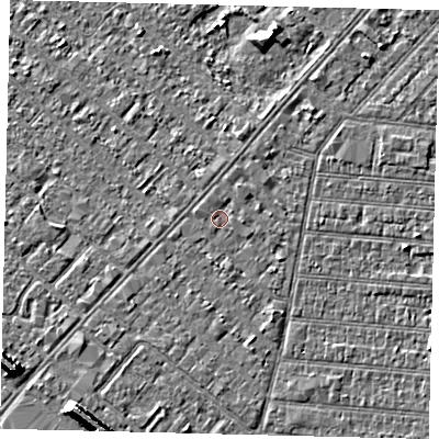 Shaded relief map of the ground around HU92LL, computed from Environment Agency LiDAR. The ground here sits at about 2 m above sea level and falls 7 m across the surrounding 800 m. Surface water reaching this point runs off ground lying to the west-north-west, 0.6 m higher.