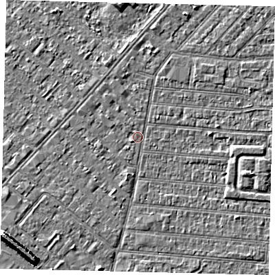 Shaded relief map of the ground around HU92LP, computed from Environment Agency LiDAR. The ground here sits at about 2 m above sea level and falls 7 m across the surrounding 800 m. Surface water reaching this point runs off ground lying to the east, 2.1 m higher.