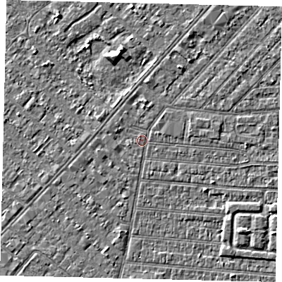 Shaded relief map of the ground around HU92LR, computed from Environment Agency LiDAR. The ground here sits at about 2 m above sea level and falls 4 m across the surrounding 800 m. Surface water reaching this point runs off ground lying to the north, 1.6 m higher.