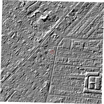 Shaded relief map of the ground around HU92LU, computed from Environment Agency LiDAR. The ground here sits at about 2 m above sea level and falls 4 m across the surrounding 800 m. Surface water reaching this point runs off ground lying to the south-east, 2.1 m higher.