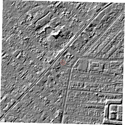 Shaded relief map of the ground around HU92LY, computed from Environment Agency LiDAR. The ground here sits at about 2 m above sea level and falls 4 m across the surrounding 800 m. Surface water reaching this point runs off ground lying to the west, 0.6 m higher.