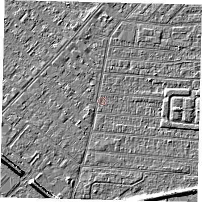 Shaded relief map of the ground around HU92NH, computed from Environment Agency LiDAR. The ground here sits at about 2 m above sea level and falls 7 m across the surrounding 800 m. Surface water reaching this point runs off ground lying to the east, 2.1 m higher.