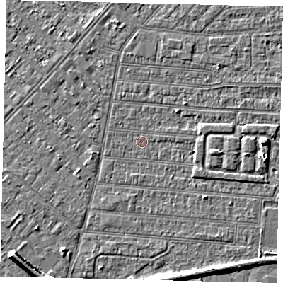 Shaded relief map of the ground around HU92NP, computed from Environment Agency LiDAR. The ground here sits at about 2 m above sea level and falls 7 m across the surrounding 800 m. Surface water reaching this point runs off ground lying to the south-south-east, 5.1 m higher.