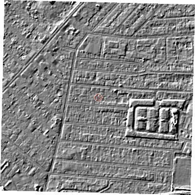 Shaded relief map of the ground around HU92NR, computed from Environment Agency LiDAR. The ground here sits at about 2 m above sea level and falls 7 m across the surrounding 800 m. Surface water reaching this point runs off ground lying to the east-south-east, 2.7 m higher.