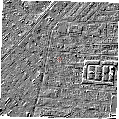 Shaded relief map of the ground around HU92NS, computed from Environment Agency LiDAR. The ground here sits at about 2 m above sea level and falls 7 m across the surrounding 800 m. Surface water reaching this point runs off ground lying to the east-south-east, 2.7 m higher.