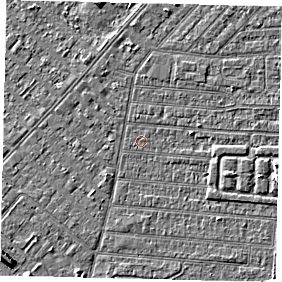 Shaded relief map of the ground around HU92NT, computed from Environment Agency LiDAR. The ground here sits at about 2 m above sea level and falls 7 m across the surrounding 800 m. Surface water reaching this point runs off ground lying to the east, 2.1 m higher.