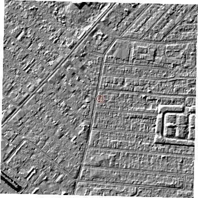 Shaded relief map of the ground around HU92NU, computed from Environment Agency LiDAR. The ground here sits at about 2 m above sea level and falls 7 m across the surrounding 800 m. Surface water reaching this point runs off ground lying to the east-south-east, 2.1 m higher.