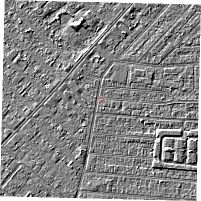 Shaded relief map of the ground around HU92NX, computed from Environment Agency LiDAR. The ground here sits at about 2 m above sea level and falls 4 m across the surrounding 800 m. Surface water reaching this point runs off ground lying to the east-south-east, 2.1 m higher.