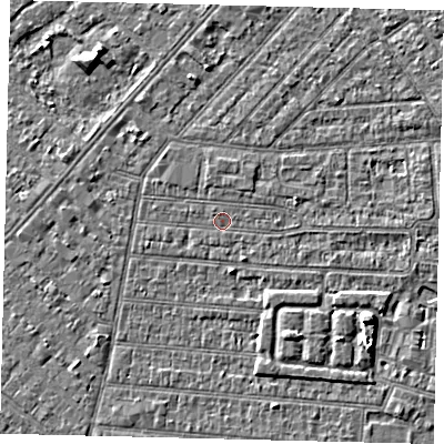Shaded relief map of the ground around HU92PE, computed from Environment Agency LiDAR. The ground here sits at about 2 m above sea level and falls 4 m across the surrounding 800 m. Surface water reaching this point runs off ground lying to the east-north-east, 0.8 m higher.
