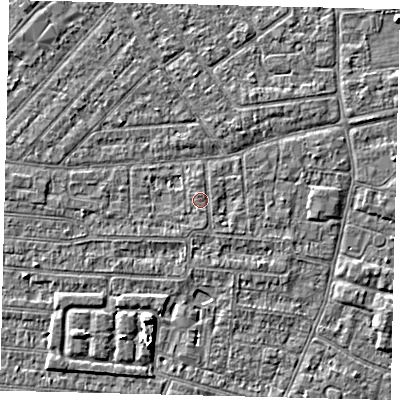 Shaded relief map of the ground around HU92PJ, computed from Environment Agency LiDAR. The ground here sits at about 3 m above sea level and falls 4 m across the surrounding 800 m. The ground contributing surface water to this point lies to the south-east.
