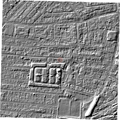 Shaded relief map of the ground around HU92PP, computed from Environment Agency LiDAR. The ground here sits at about 2 m above sea level and falls 7 m across the surrounding 800 m. Surface water reaching this point runs off ground lying to the east, 1.0 m higher.