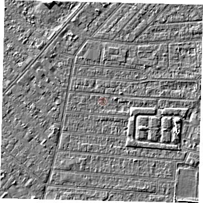 Shaded relief map of the ground around HU92PZ, computed from Environment Agency LiDAR. The ground here sits at about 2 m above sea level and falls 4 m across the surrounding 800 m. Surface water reaching this point runs off ground lying to the east-south-east, 2.7 m higher.