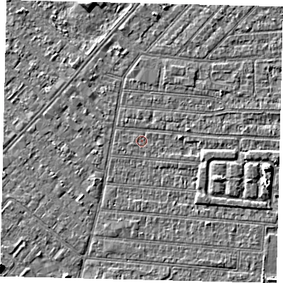 Shaded relief map of the ground around HU92QB, computed from Environment Agency LiDAR. The ground here sits at about 2 m above sea level and falls 7 m across the surrounding 800 m. Surface water reaching this point runs off ground lying to the east-south-east, 2.7 m higher.