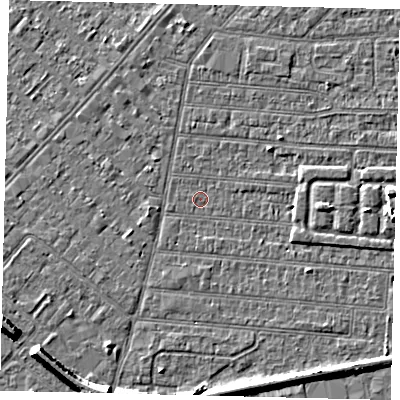 Shaded relief map of the ground around HU92QJ, computed from Environment Agency LiDAR. The ground here sits at about 2 m above sea level and falls 7 m across the surrounding 800 m. Surface water reaching this point runs off ground lying to the east-north-east, 2.1 m higher.