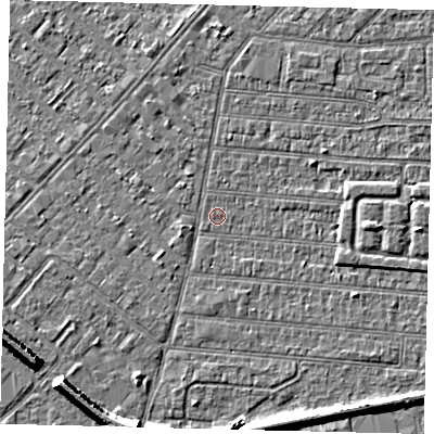 Shaded relief map of the ground around HU92QL, computed from Environment Agency LiDAR. The ground here sits at about 2 m above sea level and falls 7 m across the surrounding 800 m. Surface water reaching this point runs off ground lying to the east, 2.1 m higher.