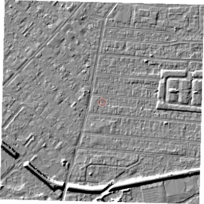 Shaded relief map of the ground around HU92QP, computed from Environment Agency LiDAR. The ground here sits at about 2 m above sea level and falls 7 m across the surrounding 800 m. Surface water reaching this point runs off ground lying to the east-north-east, 2.1 m higher.