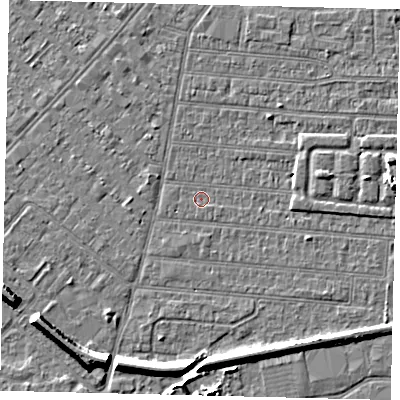 Shaded relief map of the ground around HU92QR, computed from Environment Agency LiDAR. The ground here sits at about 2 m above sea level and falls 7 m across the surrounding 800 m. Surface water reaching this point runs off ground lying to the east-north-east, 2.0 m higher.