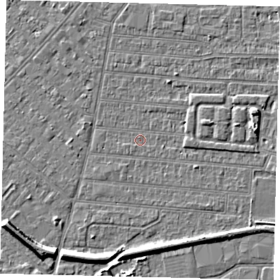 Shaded relief map of the ground around HU92QT, computed from Environment Agency LiDAR. The ground here sits at about 2 m above sea level and falls 7 m across the surrounding 800 m. Surface water reaching this point runs off ground lying to the south-south-east, 5.1 m higher.