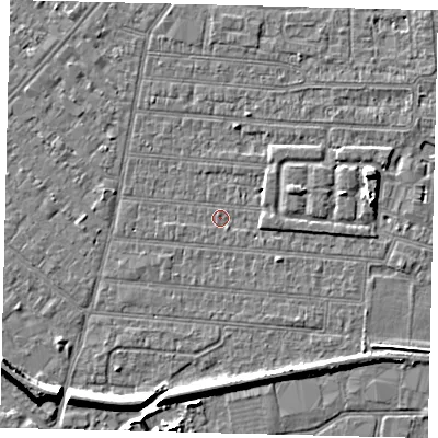 Shaded relief map of the ground around HU92QU, computed from Environment Agency LiDAR. The ground here sits at about 2 m above sea level and falls 7 m across the surrounding 800 m. Surface water reaching this point runs off ground lying to the south, 5.1 m higher.