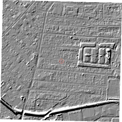 Shaded relief map of the ground around HU92QW, computed from Environment Agency LiDAR. The ground here sits at about 2 m above sea level and falls 7 m across the surrounding 800 m. Surface water reaching this point runs off ground lying to the south, 5.1 m higher.