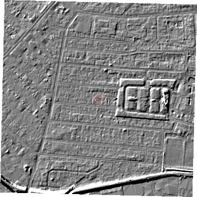 Shaded relief map of the ground around HU92QX, computed from Environment Agency LiDAR. The ground here sits at about 2 m above sea level and falls 7 m across the surrounding 800 m. Surface water reaching this point runs off ground lying to the south, 5.1 m higher.