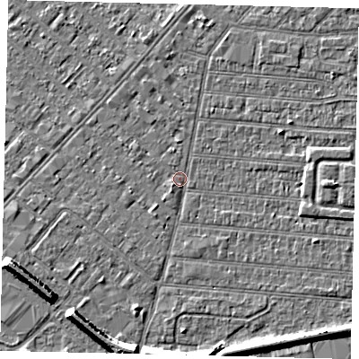 Shaded relief map of the ground around HU92RA, computed from Environment Agency LiDAR. The ground here sits at about 2 m above sea level and falls 7 m across the surrounding 800 m. Surface water reaching this point runs off ground lying to the east, 2.1 m higher.