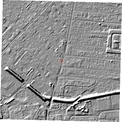 Shaded relief map of the ground around HU92RB, computed from Environment Agency LiDAR. The ground here sits at about 2 m above sea level and falls 7 m across the surrounding 800 m. Surface water reaching this point runs off ground lying to the south-south-west, 6.6 m higher.