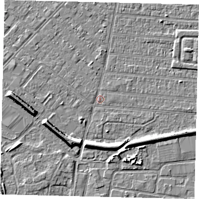 Shaded relief map of the ground around HU92RE, computed from Environment Agency LiDAR. The ground here sits at about 2 m above sea level and falls 7 m across the surrounding 800 m. Surface water reaching this point runs off ground lying to the south-south-west, 6.6 m higher.