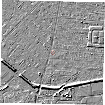 Shaded relief map of the ground around HU92RF, computed from Environment Agency LiDAR. The ground here sits at about 2 m above sea level and falls 7 m across the surrounding 800 m. Surface water reaching this point runs off ground lying to the south-south-west, 6.6 m higher.