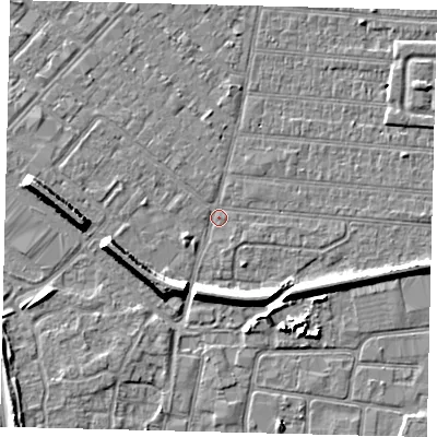 Shaded relief map of the ground around HU92RG, computed from Environment Agency LiDAR. The ground here sits at about 2 m above sea level and falls 7 m across the surrounding 800 m. Surface water reaching this point runs off ground lying to the south-west, 6.6 m higher.