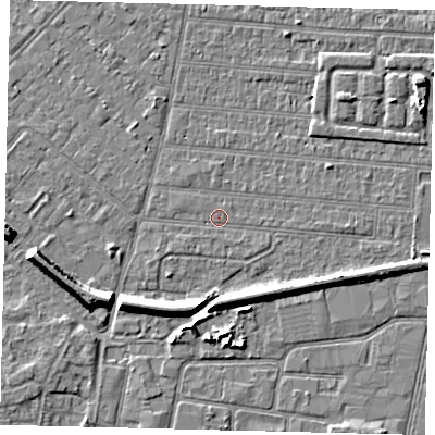 Shaded relief map of the ground around HU92RH, computed from Environment Agency LiDAR. The ground here sits at about 2 m above sea level and falls 7 m across the surrounding 800 m. Surface water reaching this point runs off ground lying to the east-south-east, 1.0 m higher.